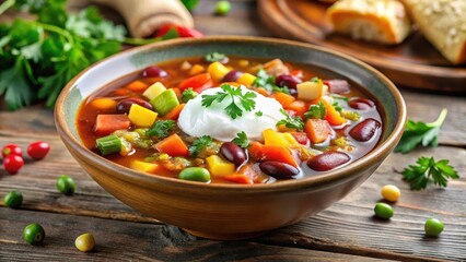 A warm and inviting bowl of homemade vegetable soup made with a medley of colorful vegetables, beans, and grains, topped with a dollop of sour cream, comforting food, bean soup