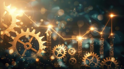 Golden gears and rising graph symbolize growth and progress in business. shimmering background adds dynamic feel, representing innovation and success