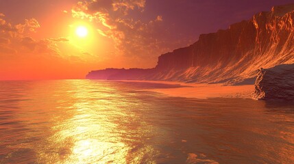 A surreal beach glowing with golden sand and red cliffs under a lavender and orange sunset