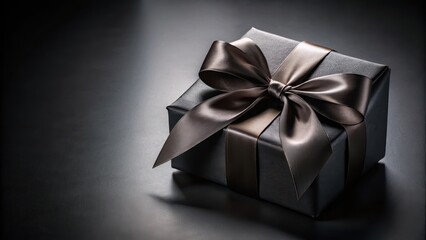 Luxurious gift box wrapped in elegant black ribbon against a dark mysterious background for a dramatic Black Friday promotion , holiday season, Luxury item