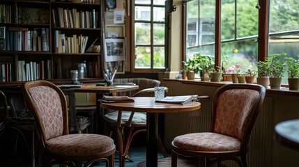 Obraz premium Cozy Reading Corner in a Book-Filled Cafe.