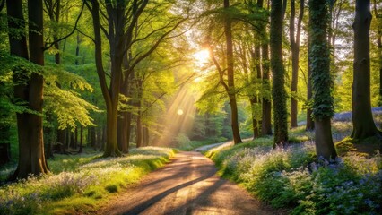 Soft sunlight filtering through leafy tree branches above a winding forest path lined with tall trees and wildflowers, casting dappled shadows on the ground, woodland, foliage