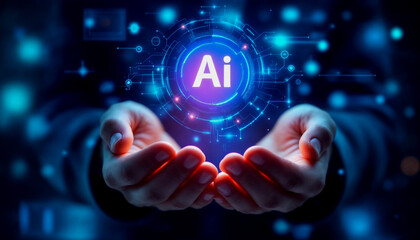 Fototapeta premium Hands Holding Holographic AI Interface