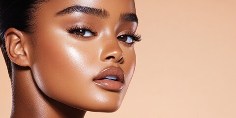 Fototapeta premium Close-up of a serene woman with flawless skin and natural makeup, emphasizing beauty and tranquility.