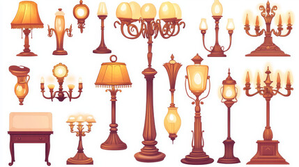 Lamps, ceiling and floor glowing electric bulbs, incandescent modern chandelier lightbulbs, torcheres of different shapes and design. Isolated interior light equipment Cartoon vector illustration, set