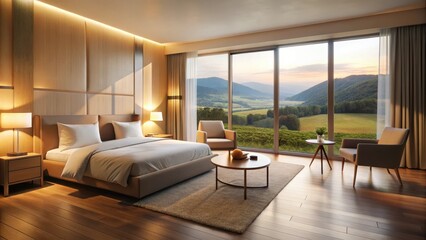 Fototapeta premium Softly lit hotel room with minimalist furniture and large windows overlooking a serene landscape, hotel room, natural scenery