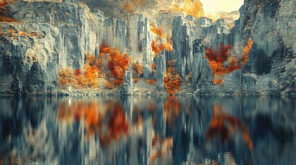 A serene lake surrounded by cliffs painted in radiant red and gold patterns