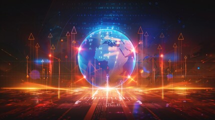 Fototapeta premium digital globe surrounded by vibrant lights and data streams, symbolizing technology and connectivity. image conveys sense of innovation and global interaction