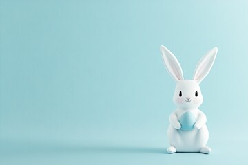 Fototapeta premium Fluffy white rabbit holding blue Easter egg against soft pastel