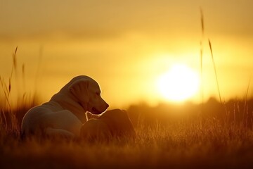 Silhouette of a white dog resting peacefully in a field at sunset, radiating calm and serenity.