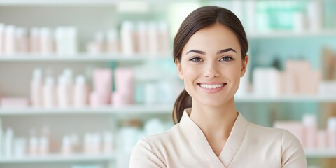 Smiling cosmetics consultant in a bright boutique with soft pink and white decor, exuding professionalism and warmth.