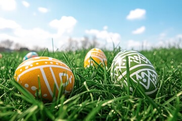 Fototapeta premium Colorful Easter eggs nestled in vibrant green grass under bright