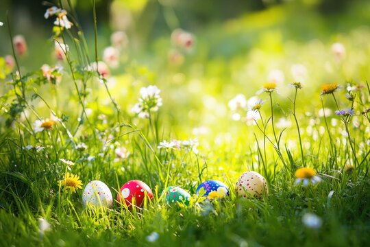 Colorful Easter eggs nestled among vibrant flowers in sunlit mea