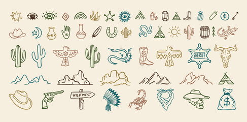 Wild west cowboy doodle icon set. Hand drawn boho signs collection. Aztec southwestern elements set. © Yanka