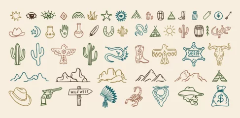 Poster Wild west cowboy doodle icon set. Hand drawn boho signs collection. Aztec southwestern elements set.