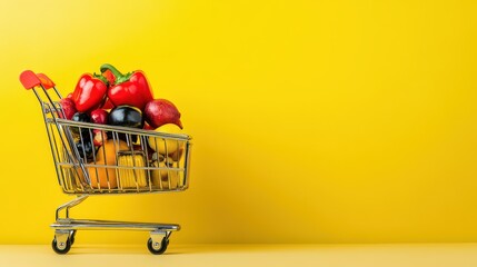 Shopping cart of fresh fruits and vegetables for world consumer rights day celebration. Horizontal banner. Copy space