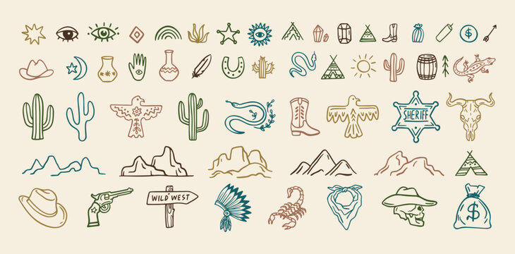 Wild west cowboy doodle icon set. Hand drawn boho signs collection. Aztec southwestern elements set.