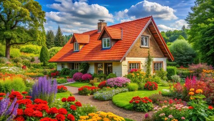House with a red roof in a lush garden surrounded by trees and colorful flowers, landscape, rural,  landscape, rural