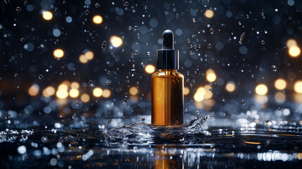 A luxurious skincare serum bottle floating gracefully in mid-air, surrounded by sparkling water droplets and soft light reflections, highlighting elegance and advanced beauty technology.