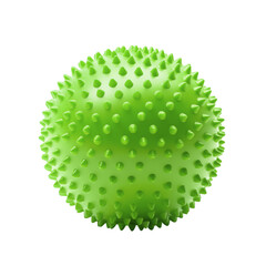 A green spiky massage ball with numerous round, protruding spikes, perfect for hand and finger therapy, isolated on a white background.