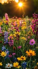 Obraz premium A lush meadow bursts with a kaleidoscope of wildflowers, each petal glistening in the warm glow of the setting sun, creating a breathtaking display of nature’s artistry