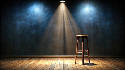 A dimly lit empty stand-up comedy stage room with a single bar stool center stage, stage, comedy venue,  stage