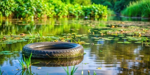 Abandoned tyre submerged in stagnant water, overgrown with vegetation , forgotten, stagnant water,  forgotten