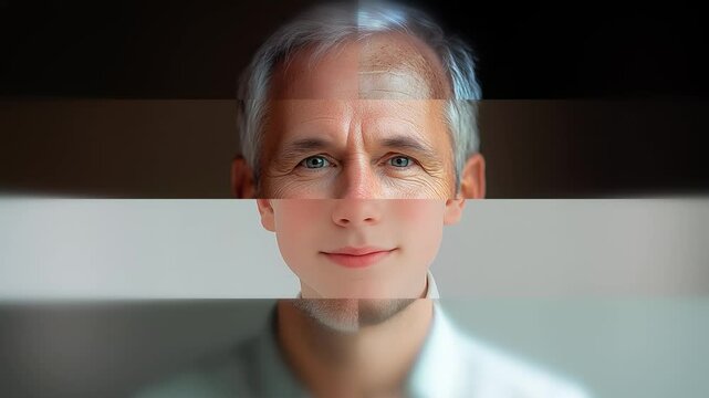what's my age again? mosaic of male / boy faces loopable background. transition /morph between young boy and old man