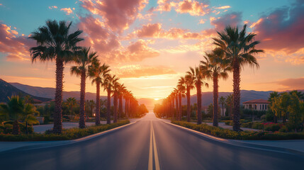 A road lined with palm trees leads to a sunset