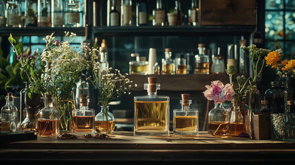 A luxurious artisan perfume workshop with glass bottles, fresh flowers, essential oils, and herbs, neatly arranged on a wooden workbench, creating an atmosphere of craftsmanship and fragrance.