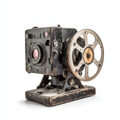Antique film projector, studio shot, white background, nostalgic movie memories