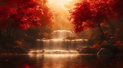 Fototapeta premium A cascading river of liquid gold surrounded by glowing red trees and cliffs