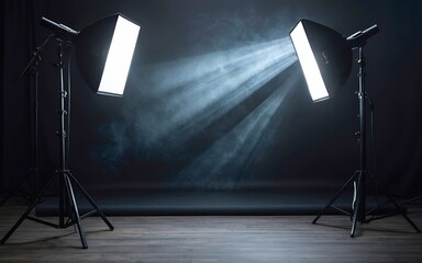 Black studio background illuminated by white lighting sets stage for professional stock photography
