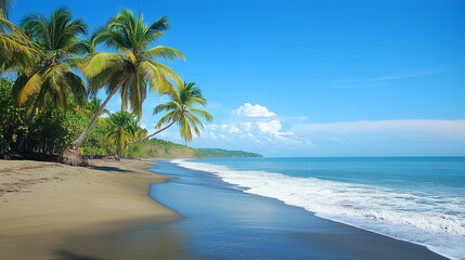 A vibrant beach scene depicts a sandy shoreline and blue ocean