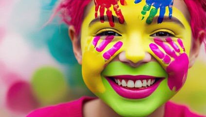 A cheerful woman with colorful handprint face paint, smiling brightly against a vibrant backdrop. Concept: creativity, celebration, and joy