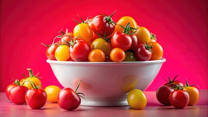 Red and Yellow Cherry Tomatoes in Bowl - Pink Background Stock Photo
