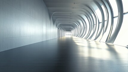 Futuristic corridor, city view, sunlit floor, modern architecture, design concept