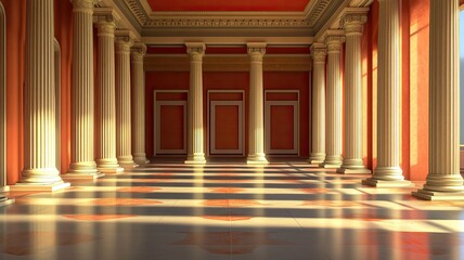 Sunlit classical hall interior, marble floor, columns, design