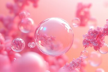 Pink bubbles float, blossom background