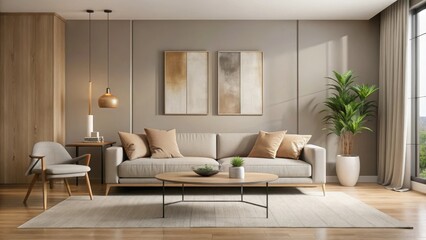 Empty modern living room with minimalist decor and neutral color palette featuring a sleek couch, low table, and abstract artwork, modern interior, clean lines