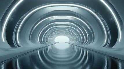 Obraz premium Futuristic tunnel, glowing arches, water reflection, background light