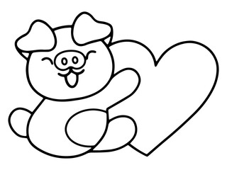 Valentine Day Pig Holding Heart Line Art
