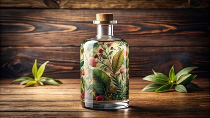 Luxurious glass bottle with a sophisticated label featuring a watercolor design of botanicals amidst a rich wood background, refined style, elegant packaging