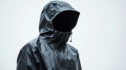 a black waterproof rain jacket with a hood - isolated on white background