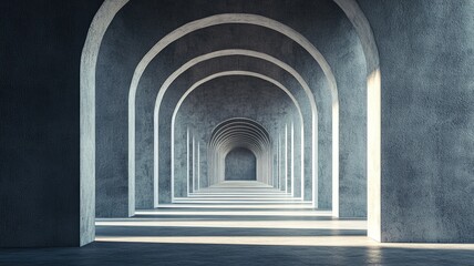 Concrete archway hallway, sunlight, depth, architecture, design