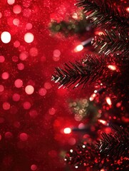 Festive Christmas Tree with Red Background and Sparkling Lights
