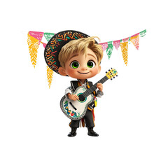 Adorable Cartoon Boy Playing Guitar in Festive Sombrero