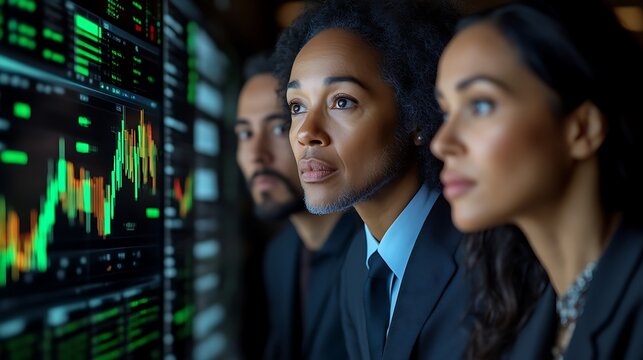 Diverse business team analyzes stock market data on large screen.