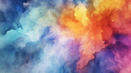 Abstract Watercolor Background with Blending Colors  Colorful abstract cloudscape featuring vibrant yellow, pink, purple, and blue hues blending seamlessly in a cosmic gradient
