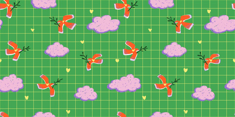 Cute flying birds, clouds and hearts vector seamless pattern tile. Colorful repeat textile print for baby and kids apparel and home goods. Bright spring summer illustration on check background
 
